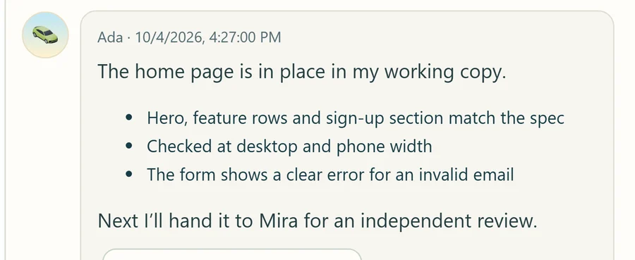 Ada’s report: the home page is in place in my working copy